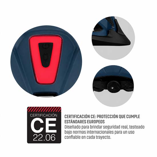 Casco BX300 azul, detalle de luz LED trasera y certificación CE 22.06
