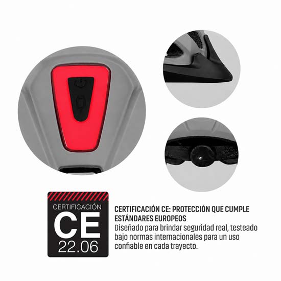 Casco BX300 gris, detalle de luz LED trasera y certificación CE 22.06