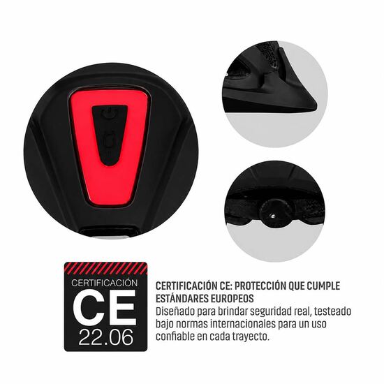 Casco BX300 negro, detalle de luz LED trasera y certificación CE 22.06