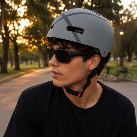 Ciclista con casco THRON en el parque
