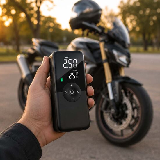 Inflador THRON en mano junto a una moto