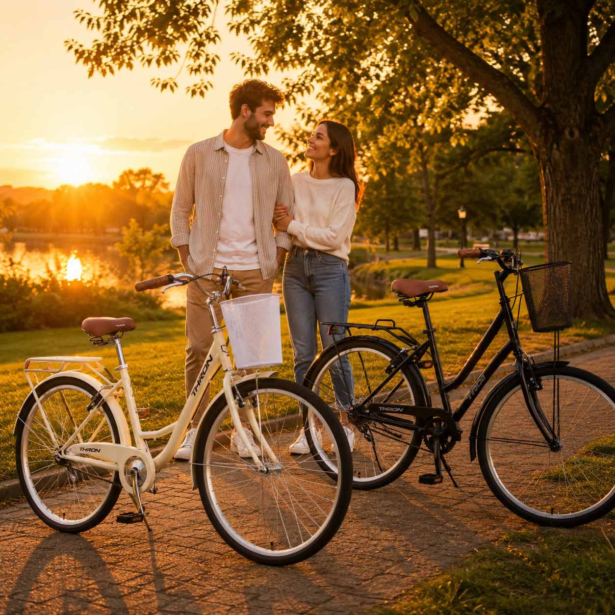Pareja con bicicletas THRON de paseo al atardecer
